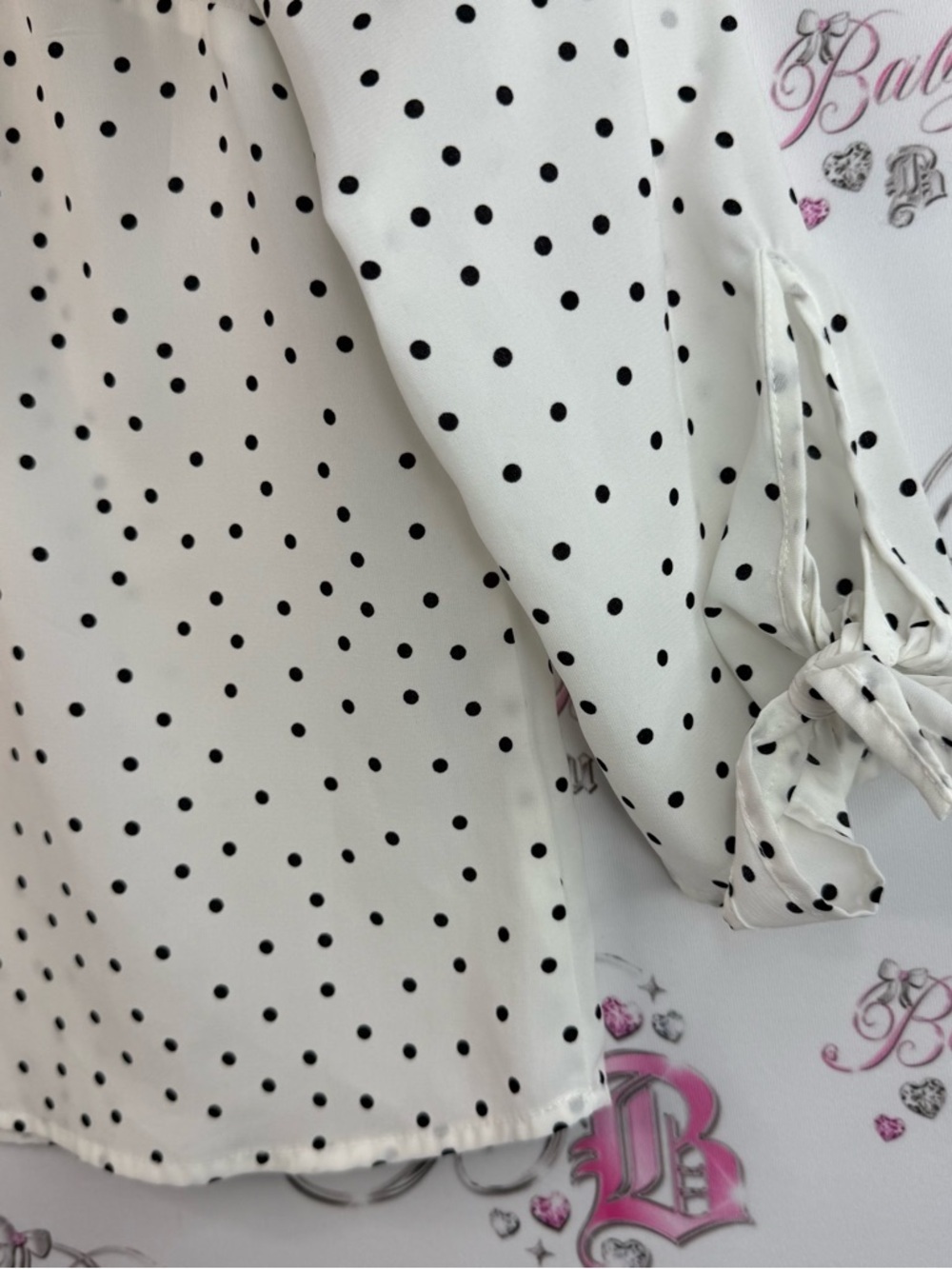 Dex Cream V-Neck Blouse with Black Polka Dots Lightweight Breathable Blouse - Picture 6 of 8